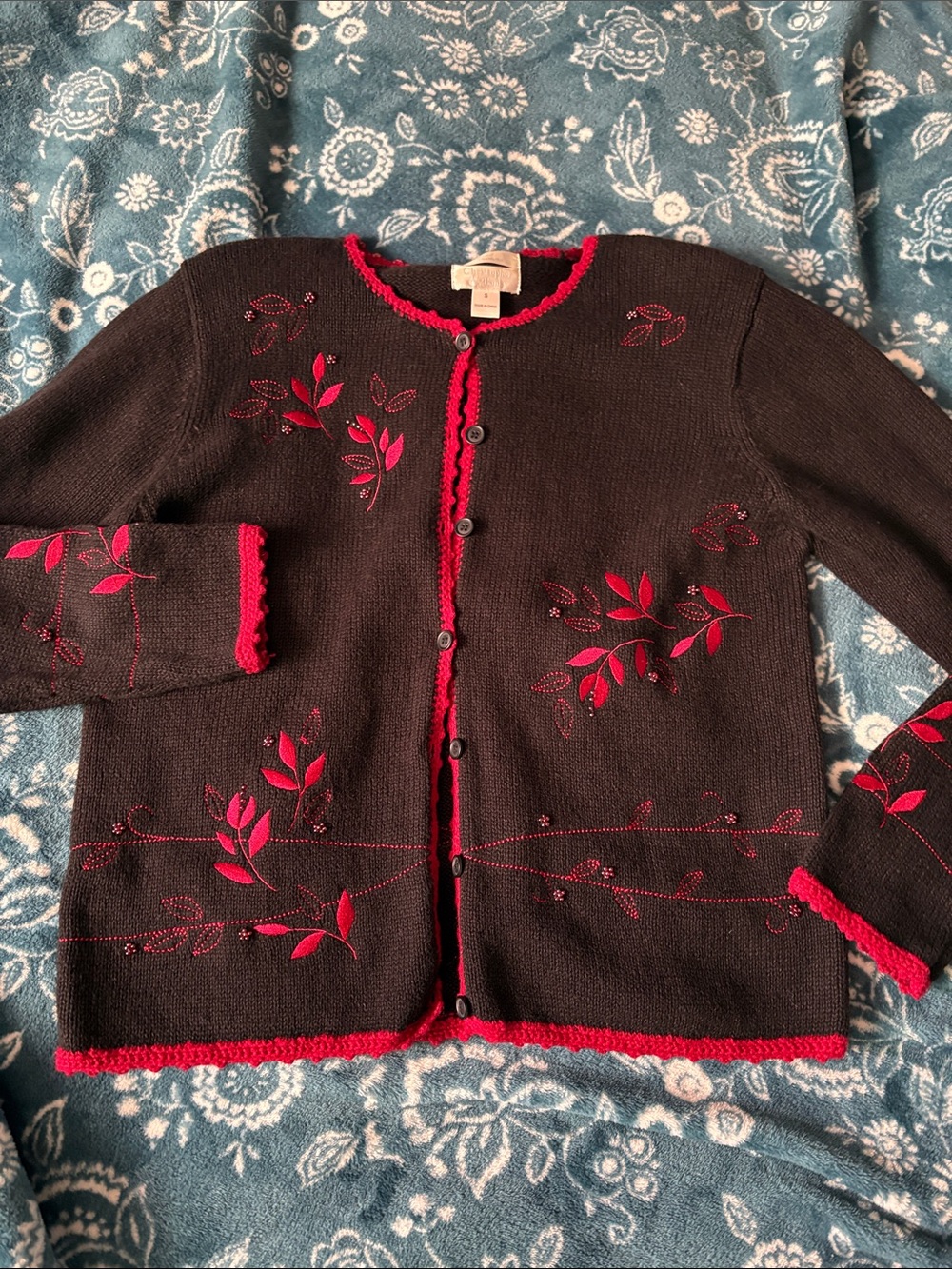 Christopher & Banks Black Cardigan with Red Trim and Embroidered Red Leaves